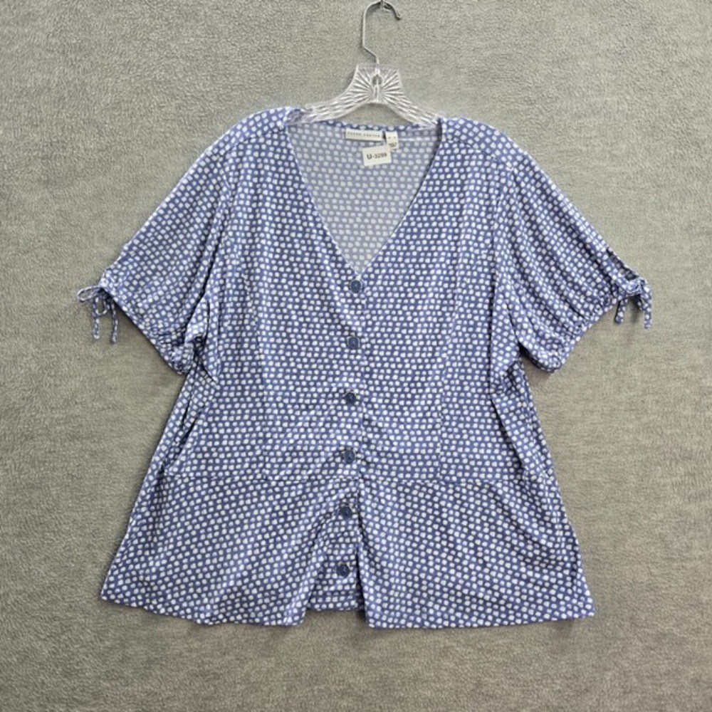 Susan Graver Women Top XL Blue Polka Dots Button Up Blouse V Neck Short Sleeve